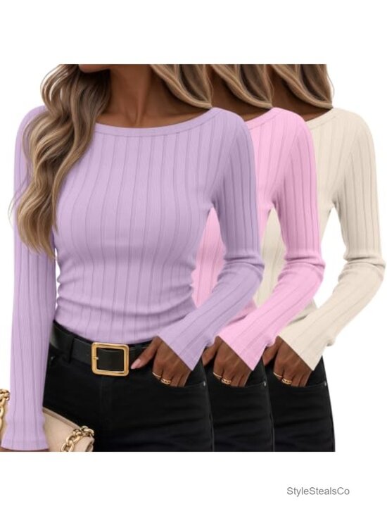 Tops - 3 Pack Women's Long Sleeve Ribbed Knit Tops Boat Neck Slim Fit Stretchy